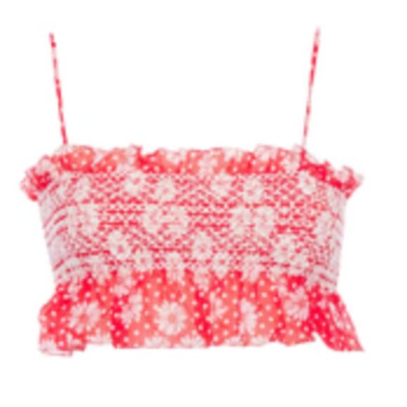 Lisa Marie Fernandez Cropped smocked printed cotton voile top red - Picture 2 of 5